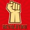 Concept of revolution. Hund up on red background,