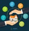 The concept of safe houses, Two hands protecting the house. Real Estate business infographic with icons.