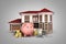 concept of savings to buy a house money pig dollar bills in stacks house 3d render on grey