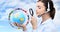 Concept search, woman with headset, globe, flags and magnifying