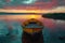 Concept Seascape Photography, Sunset Serenity at Dusk Lonely Boat Against the Sunset Blaze