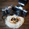 Concept SLR cameras and small compact as family in nest