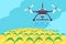 Concept of smart farm. Smart farming tech with irrigation drone. Innovation technology and automatic sprinkler copter