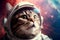 Concept: space expedition. Portrait of a cat astronaut in space orbiting the planet