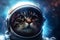 Concept: space expedition. Portrait of a cat astronaut in space orbiting the planet