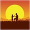 Concept of spring family picnic trip. Summer travel with a child. Father and son camping. Silhouette of people on the sun backgrou