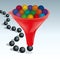 Concept of standardization, with balls of different colors that all become identical when they come out of a funnel.