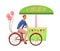 Concept Of Streed Food. Young Boy Student Sale Ice Cream Riding Mobile Ice Cream Cart With Many Types Of Ice Cream And