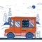Concept of street food festival. Poster with bright orange food truck. Colorful vector placard.