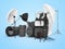 Concept of studio equipment softboxes photo umbrella photo camera photo lens ring light 3d rendering on blue background with