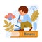 The concept of studying botany, biology. The boy looks through a microscope. Textbook, types of inflorescences, leaves. Vector
