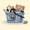 Concept of success shopping: blue shop basket with detergent, brush, cloth,  washing powder and sponge for cleaning house, office