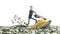 Concept of successful profitable business cartoon businessman on a jet ski floats on the river from dollar bills banknotes 3d