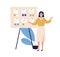 Concept of successful task completion, effective work planning, time management. Happy woman stand by clipboard with