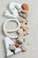 Concept of the summer time with sea shells and stones. Decorative letters SEA. Summer time, sea vacation.