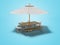 Concept summer umbrella with table and chairs for picnic 3d render on blue background with shadow