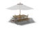 Concept summer umbrella with table and chairs for picnic 3d render on white background with shadow