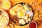 Concept of Super bowl snacks on orange  background
