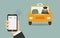 Concept of taxi services. Mobile phone in male hand with a taxi call on the screen. Yellow taxi car with a taxi driver