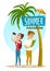 Concept with tourists and palm, summer vacation poster, cartoon vector illustration