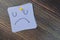 Concept of Unhappy booring moody emotion face write on sticky notes isolated on Wooden Table