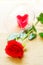 Concept of Valentine`s Day celebration: beautiful red rose and heart-shaped cookie cutter in empty goblet glass on a natural