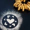 Concept Of Valentine`s Day. Picture of heart of flour on a black background. Happy Valentines Day background