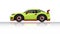 Concept vector illustration of detailed side of a flat green sports car with driving man inside car.