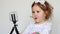 Concept - video, baby videoblog, vlog, vlogger, blog, blogging, mass media and interview. Happy smiling child blogger