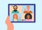 Concept of video conference. A man speaking with many people online at home.Video chat with friends and family. Flat vector