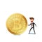 Concept of virtual business digital crypto mining bitcoins. Businessman holds golden bitcoins