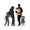Concept Of Visit Supermarket. Silhouettes Of Father, Mother With Children After Shopping. Father Holds Paper Bag With
