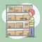 Concept Of Warehouse. Storehouse Cheerful Worker In Uniform Scan Parcels By Barcode Scanner. Warehouse With Cardboard
