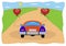 Concept of a wedding honeymoon or valentine day cards. A loving couple rides a car in the summer in the countryside with