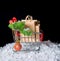 Concept of winter sale. Shopping cart with paper bags, green twig and ball in snow on black background, close up