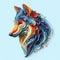 concept of a wolf, colorful with organic forms, layers assembled, 3D, abstract, on a light blue background