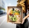 Concept woman delivery food in the dramatic future