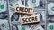 Concept words `credit score` on wooden blocks on a beautiful background from dollar bills. Business concept