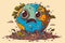 The concept of World Environment Day. Generative AI. Cartoon illustration of a sad globe .Air pollution caused by deforestation.