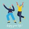 Concept of young people jumping on blue background. Stylish modern vector illustration card with happy female and male