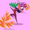 The concept of a young woman jumping from the emotion of happiness in a Park on a plant background. styling modern vector