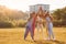 Conception of teamwork. Group of women have fitness outdoors on the field together