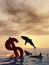 Conceptual 3D illustration bloody dollar symbol or sign sinking in water or sea, with black sharks eating , metaphor or concept