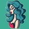 Conceptual art of a drag queen profile with green curly wig and red dress. Elegant woman avatar