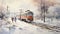Conceptual Art: Manned Train Winter Watercolor Painting In Japan