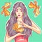 Conceptual art of a pisces woman holding magic goldfish on her hands. Avatar of an astrological water sign with long hair