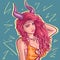 Conceptual art of a taurus woman with red curly hair, horns and a tiara oh her forehead. Astrological sign of a young girl