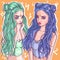 Conceptual art of two girls with blue and green hair and clothes representing an air sign. Gemini zodiac vector