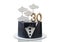 Conceptual cake in the form of a tuxedo suit for an anniversary and a cloud for an inscription. Close up on white