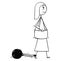 Conceptual Cartoon of Businesswoman with Chain and Iron Ball Att